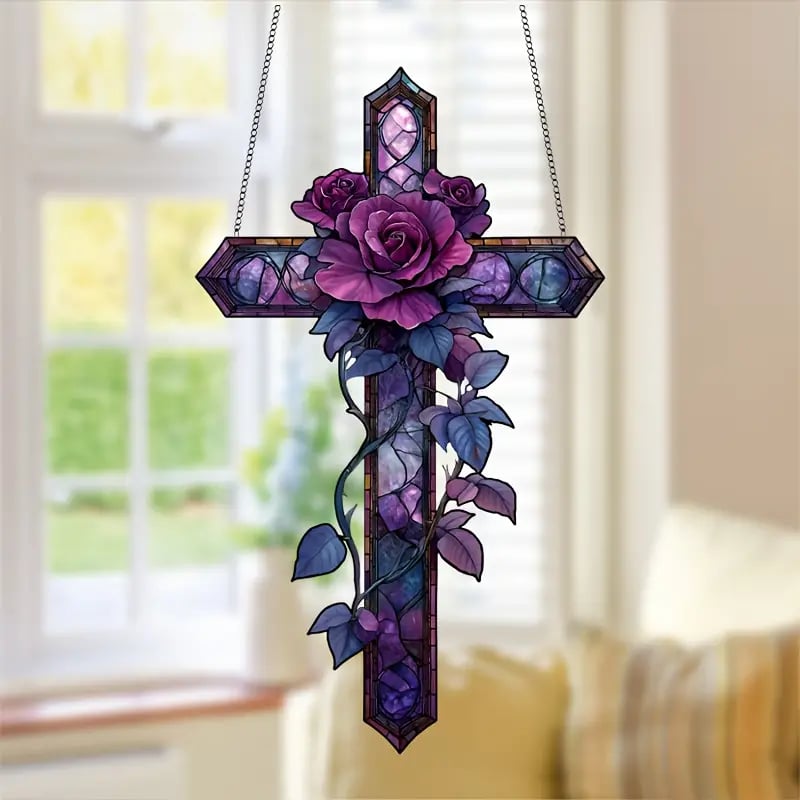 ✝️💜Purple Rose Cross Suncatcher Hanging Decor