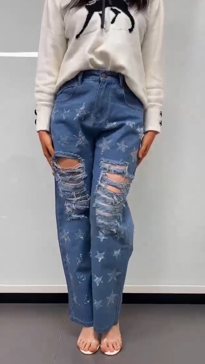 Women's Printed Rhinestone Hollow Casual Jeans