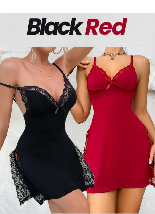 🔥LAST DAY 70% OFF🎉Lace Trim Slit Bowknot Decor Sleep Dress