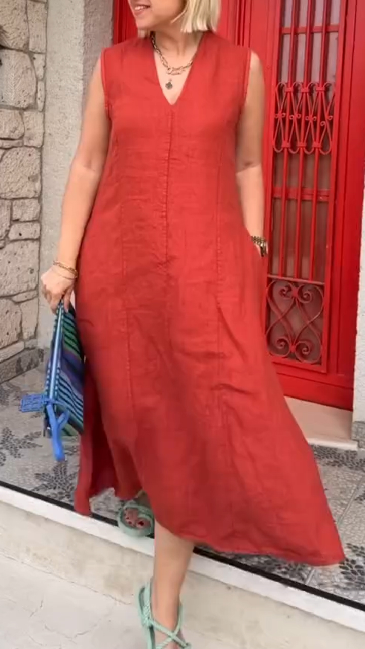 Women's V-neck Sleeveless Cotton and Linen Casual Dress