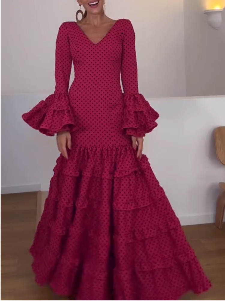Women's V-neck Trumpet Sleeve Multi-layer Fishtail Temperament Dress