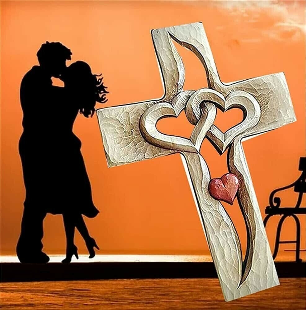 💞Handmade Carved wooden cross intertwined hearts