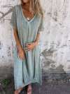 Women Cotton and Linen V-neck Midi Dress