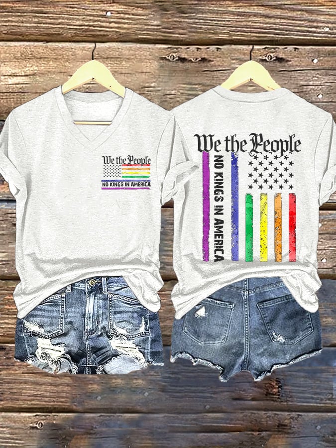 V-Neck Retro We The People No Kings In America Print T-Shirt