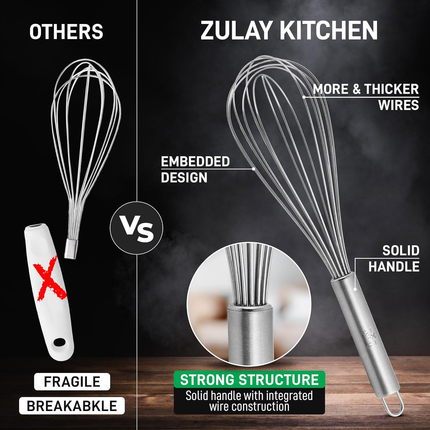 Zulay Kitchen 13-Inch Danish Dough Whisk - Wooden Danish Whisk for Dough with Stainless Steel Dough Hook - Traditional Dutch Whisk - Bread Whisk for Sourdough, Pizza, Pastry, Cake Batter