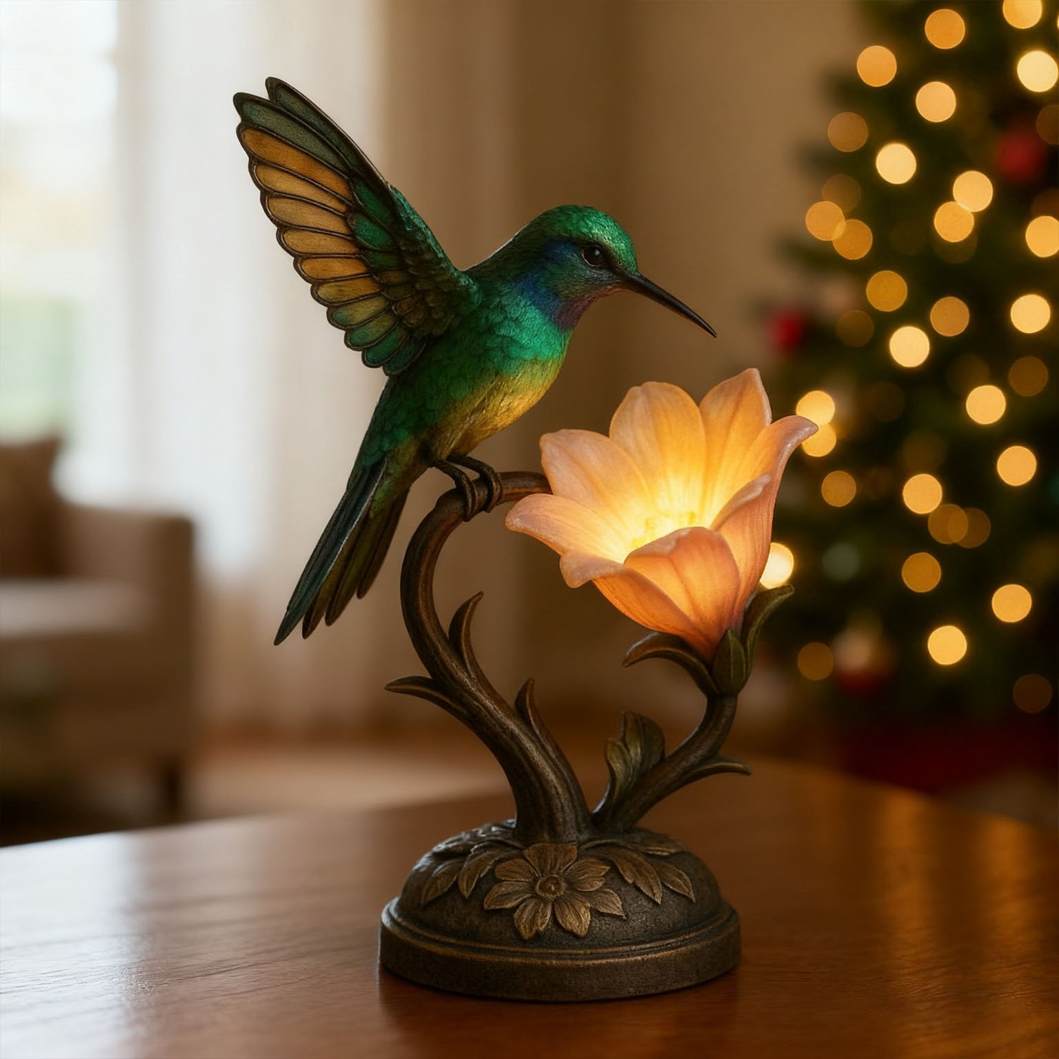 “Messenger of Light” – 💚Handcrafted Hummingbird Flower Lamp✨