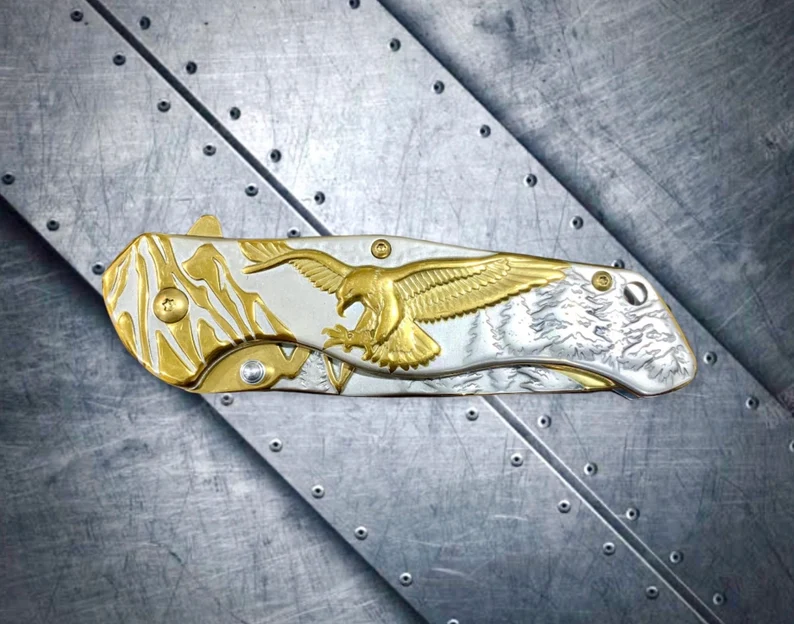 TOSAHWI Handmade Gold Eagle Carving Metal Handle Spring Assisted Open Folding Knife