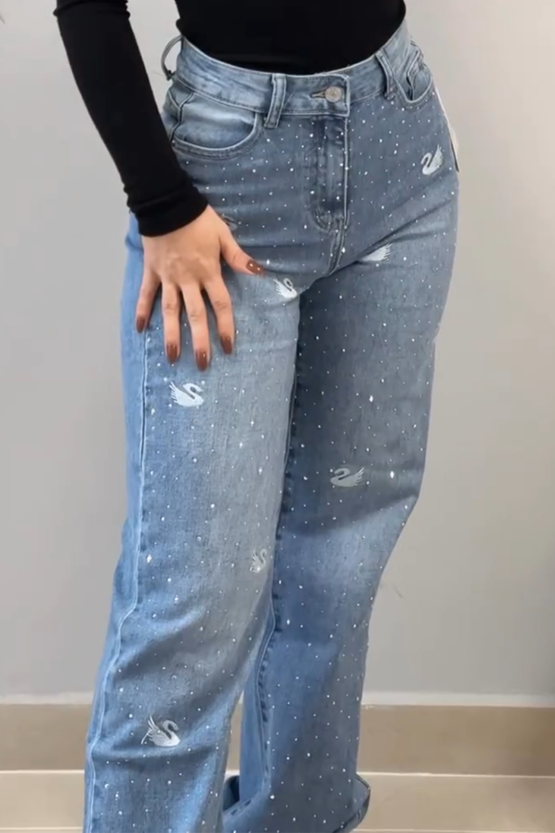 Women's Elegant Swan Pattern Diamond Jeans