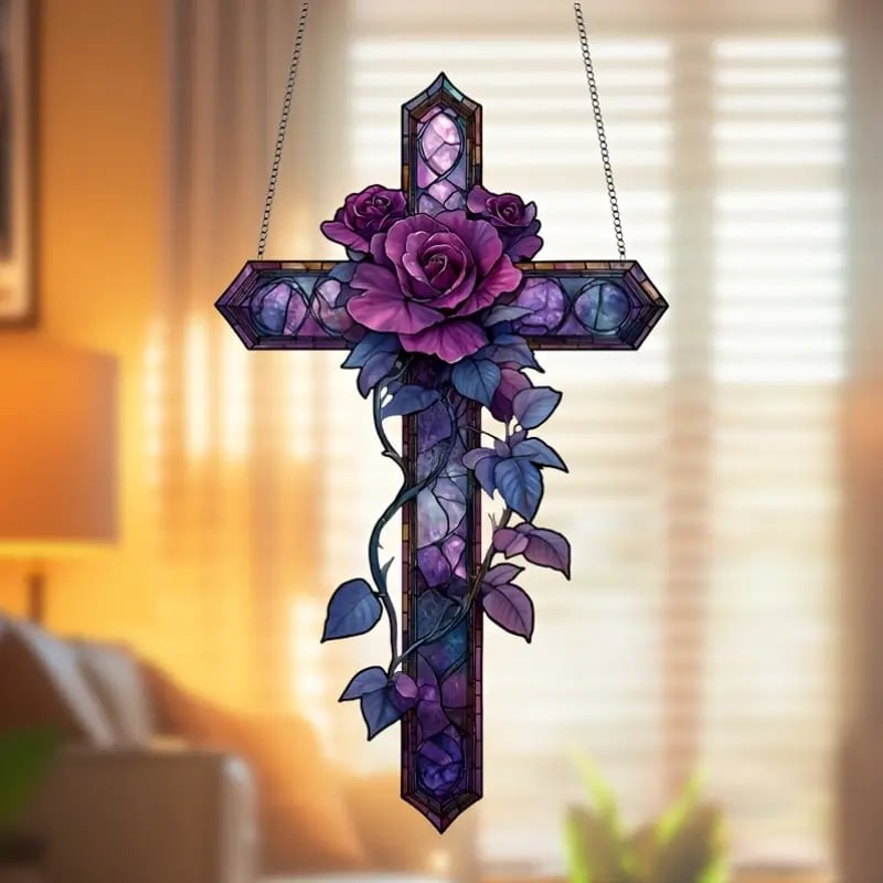 ✝️💜Purple Rose Cross Suncatcher Hanging Decor