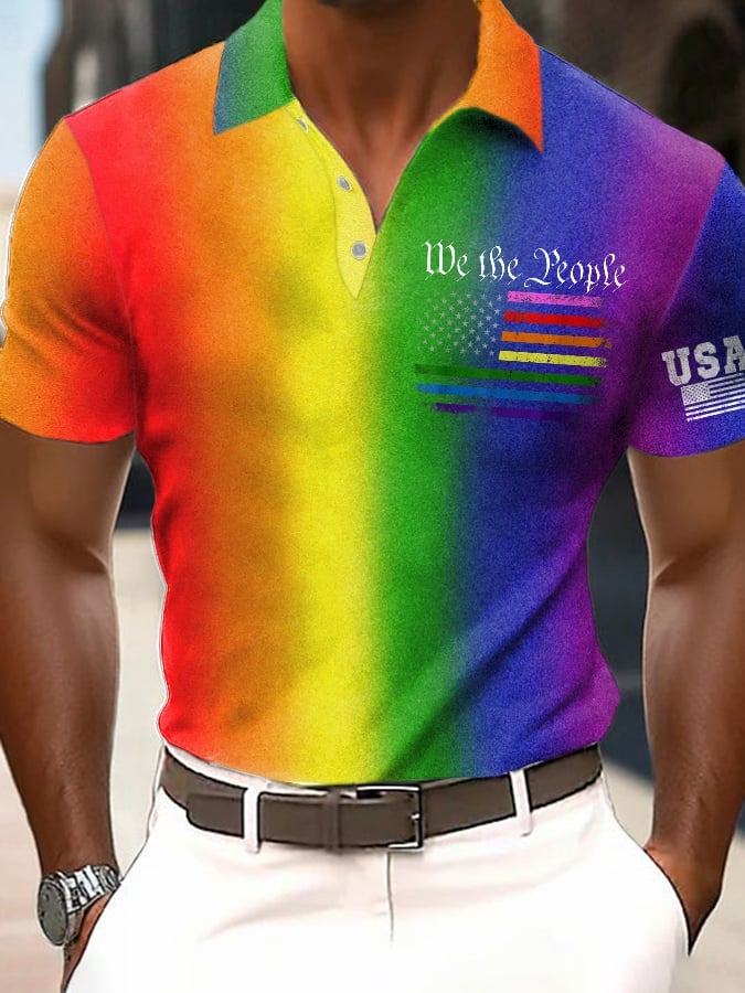 Men's Fashion Casual Rainbow Satin Gay Independence Day Polo