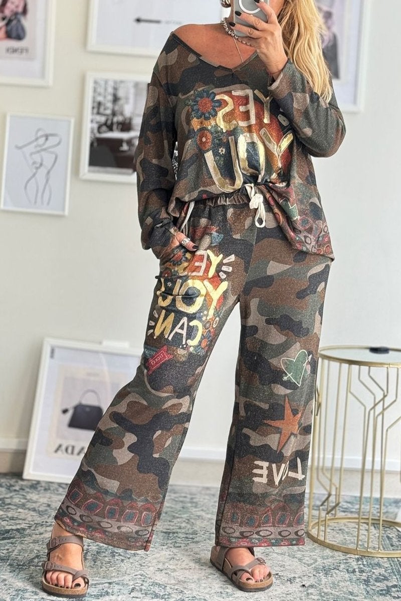 Women's V-neck Long-sleeved Camouflage Casual Suit