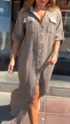 Ladies' Collar Solid Color Slit Loose Casual Dress