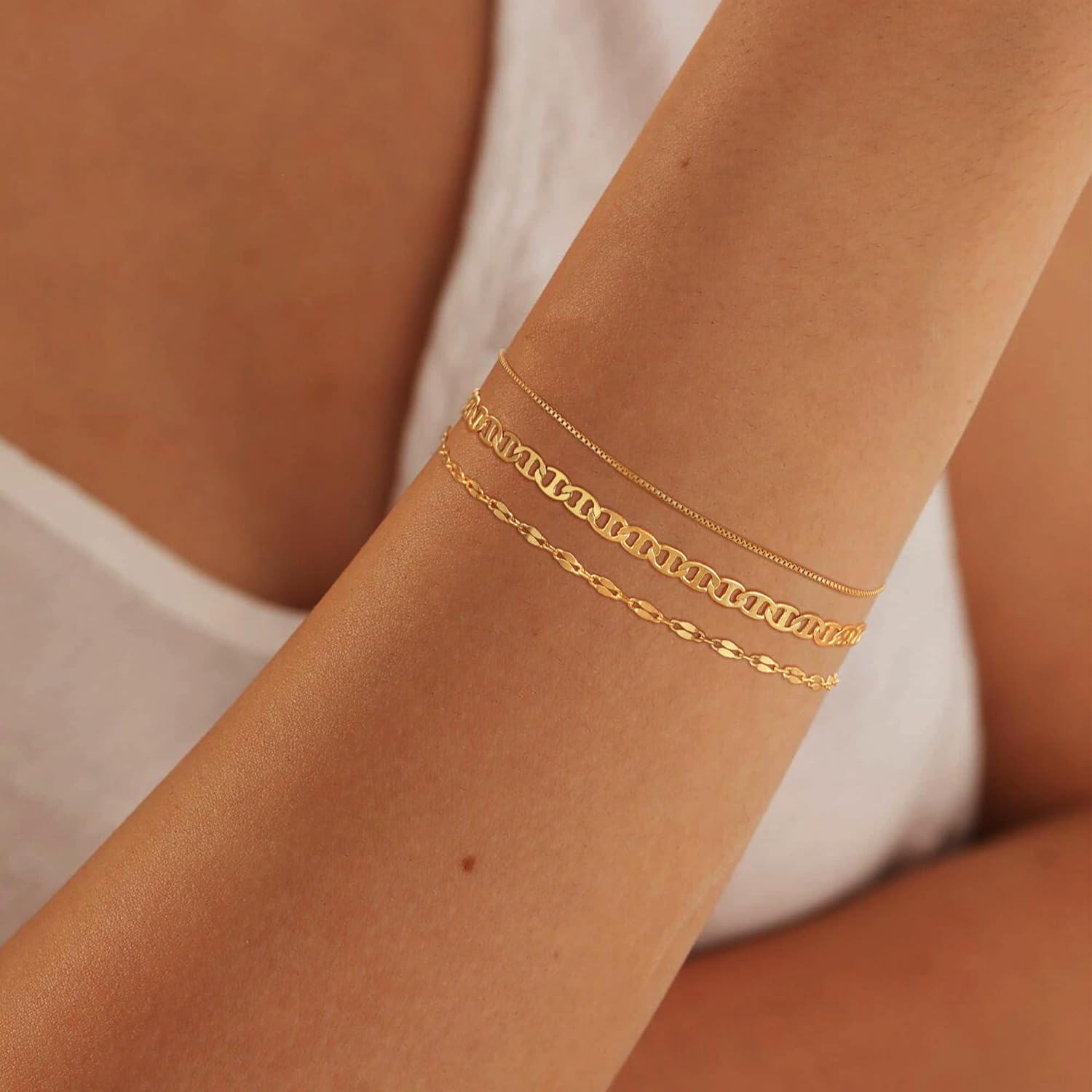 Gold Bracelets for Women, 14K Dainty Gold Plated Stackable Bracelets for Women Trendy Gold Bracelet Stack Set Waterproof Chain Bracelets Paperclip Adjustable Tennis Minimalist Tiny Cute Jewelry