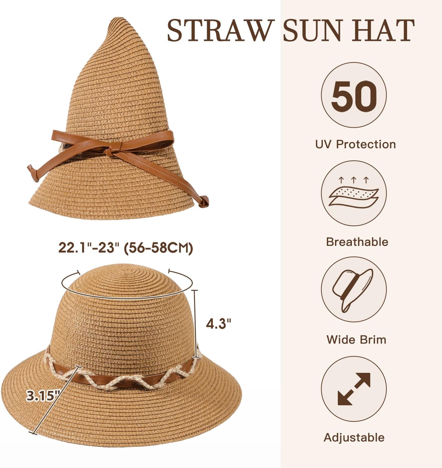 Beach Hat for Women, Wide Brim Sun Straw Hat for Women, Sun Hat Womens UPF 50+ UV Protection, Floppy Foldable Summer Hat