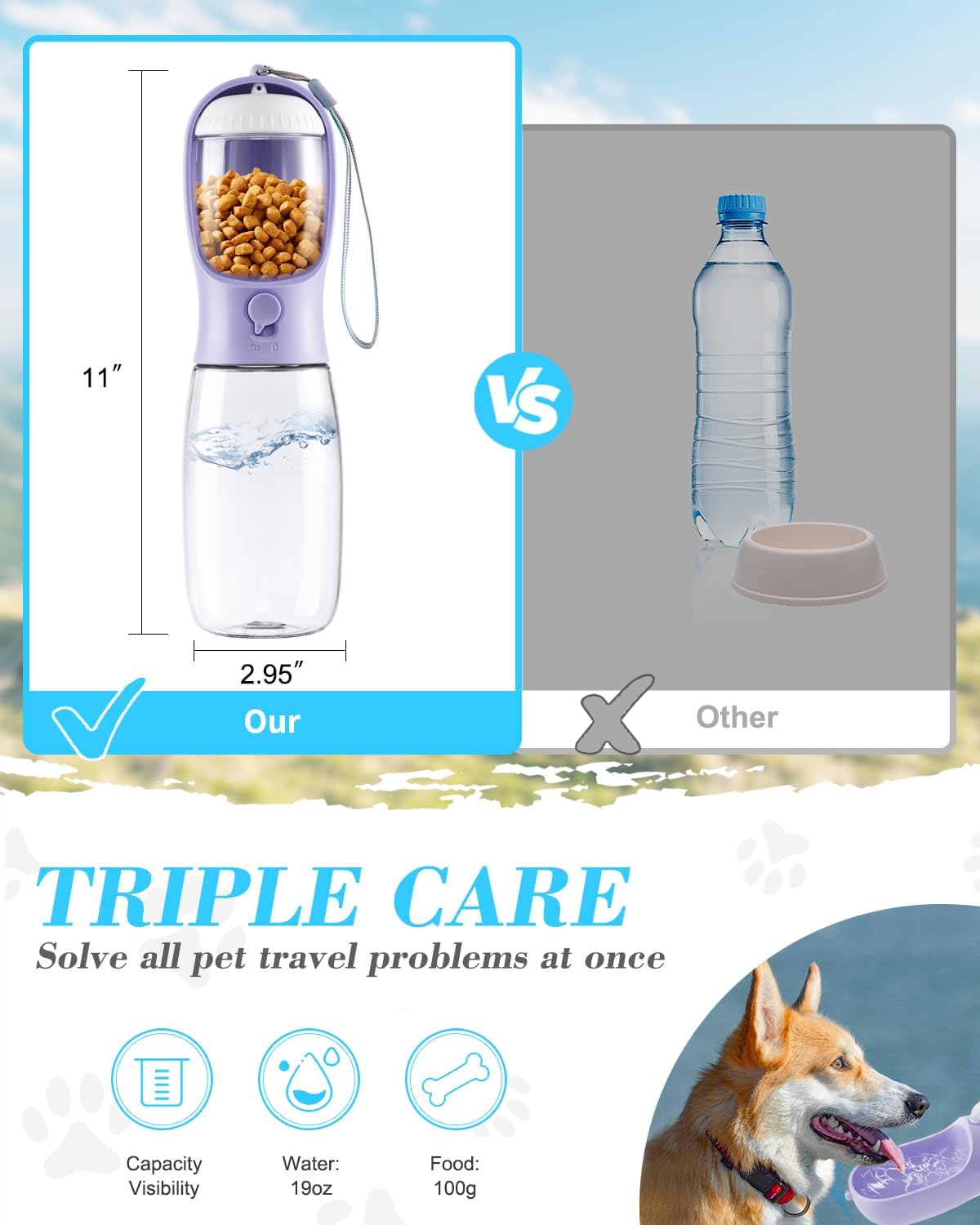 Dog Water Bottle 2 in 1, Leak Proof Portable Pet Water Bottle with Food Container, Outdoor Portable Water Dispenser for Cat, Puppy for Walking, Hiking, Camping, Travel(10oz Blue)