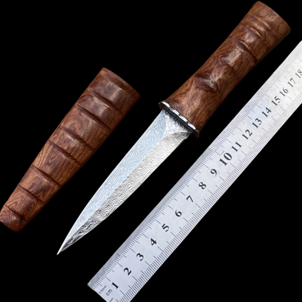 Hand forged Damascus steel knife with wooden sheath