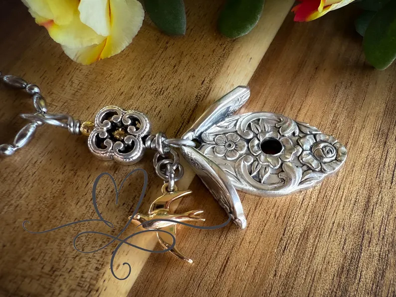 The 1948 “Plantation” Birdhouse Necklace or Purse Charm • Made From Authentic Silver-Plated, Vintage Silverware