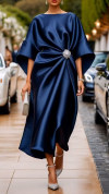 Women's Round Neck Satin Pleated Elegant Dress