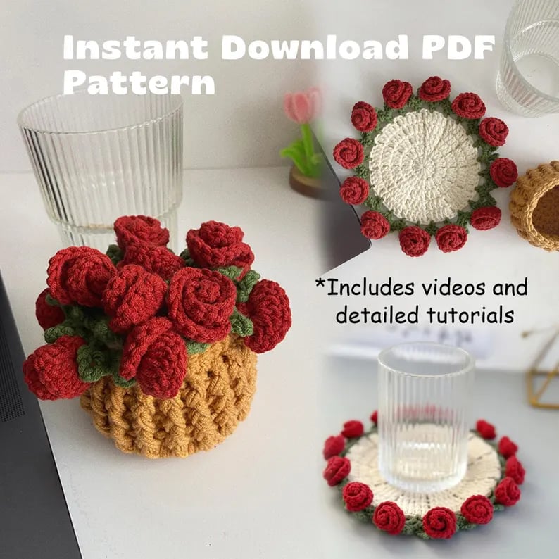 🌹100% Handmade Rose Coaster and Flower Basket Crochet