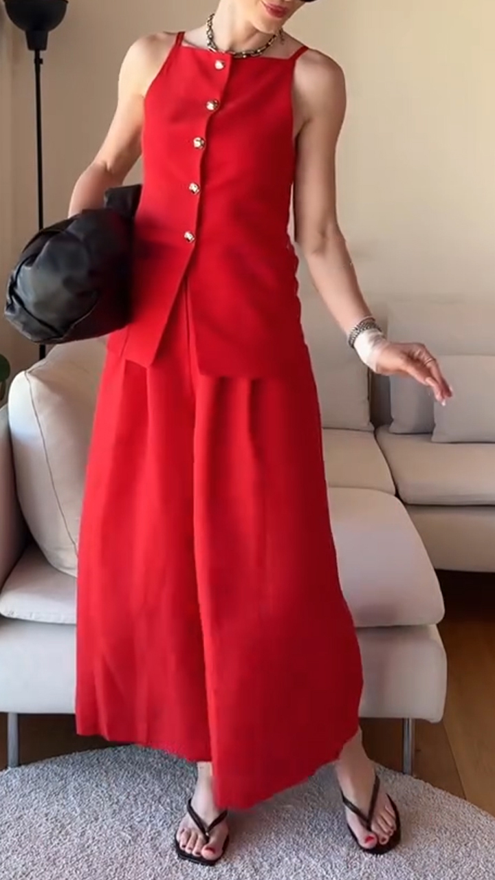 Ladies' Spaghetti Strap Buckle Top+pants Casual Temperament Set