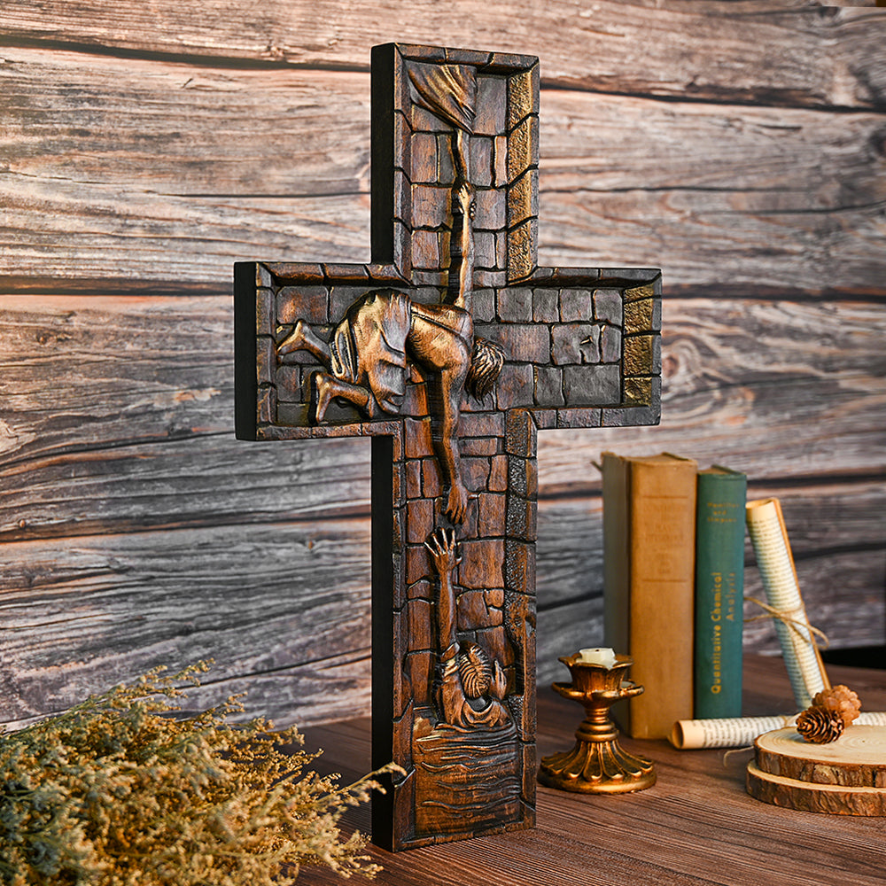 BGCOPPER Savior Jesus Cross - Carved from Natural Wood