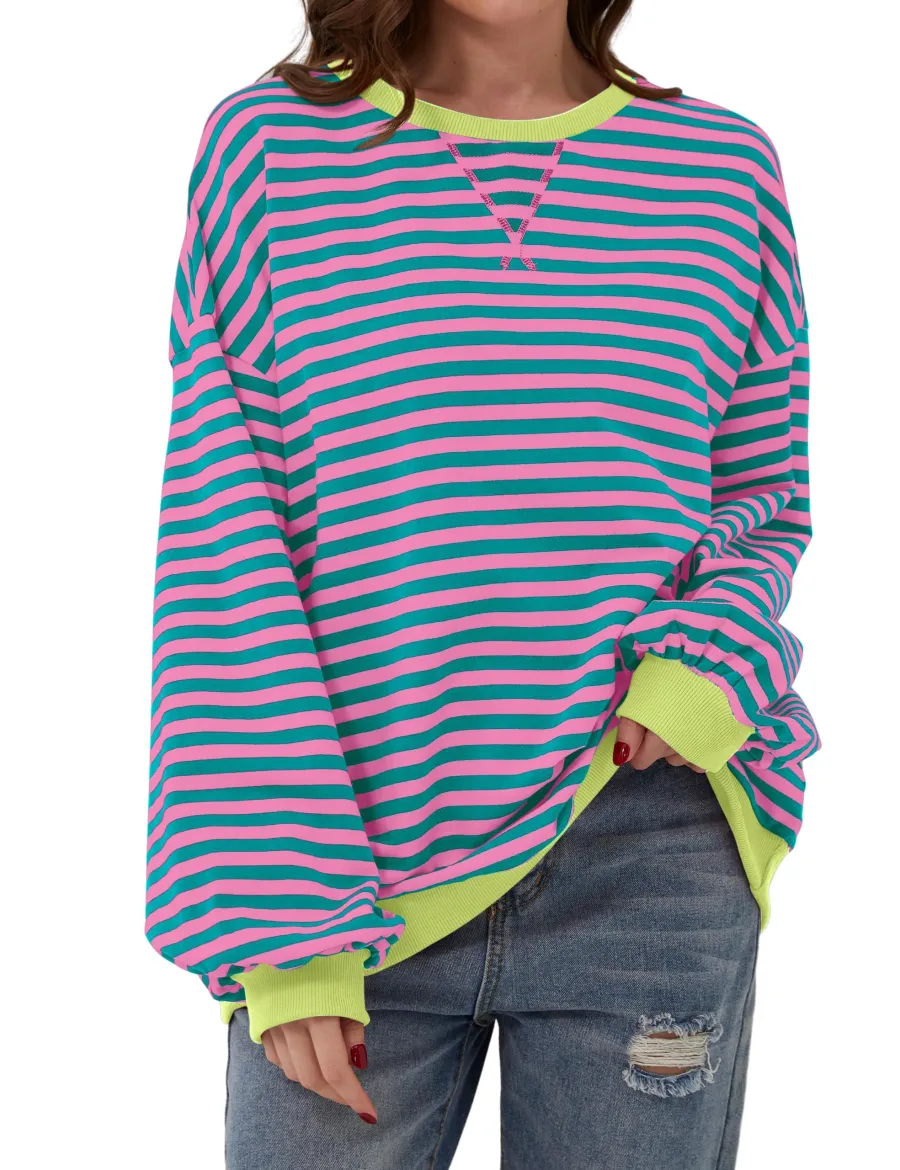 🔥 Women Oversized Striped Color Block Long Sleeve -Buy 2 Free Shipping