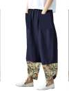 Women Printed Cotton Linen Splicing Irregular Wide-leg Pants