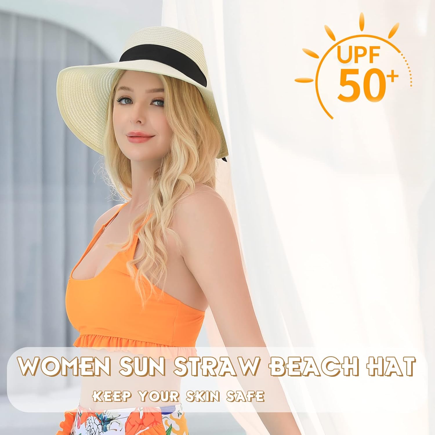 Beach Hat for Women, Wide Brim Sun Straw Hat for Women, Sun Hat Womens UPF 50+ UV Protection, Floppy Foldable Summer Hat