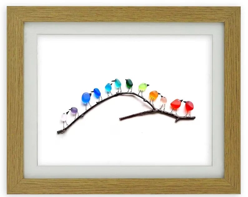 (🔥HOT SALE NOW 49% OFF) - Sea Glass Rainbow Birds - Framed Unique Handmade