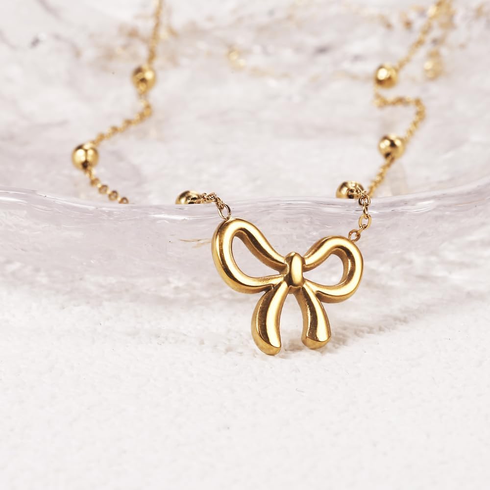 SUNNYOUTH Bow Necklace for Women Girls Bowknot Choker Necklace 14K Gold Plated Ribbon Choker Necklaces Fashion Jewelry Gifts