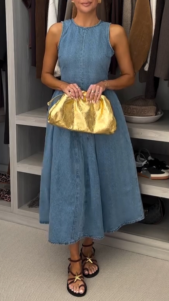 Women's Round Neck Sleeveless Denim A-line Dress