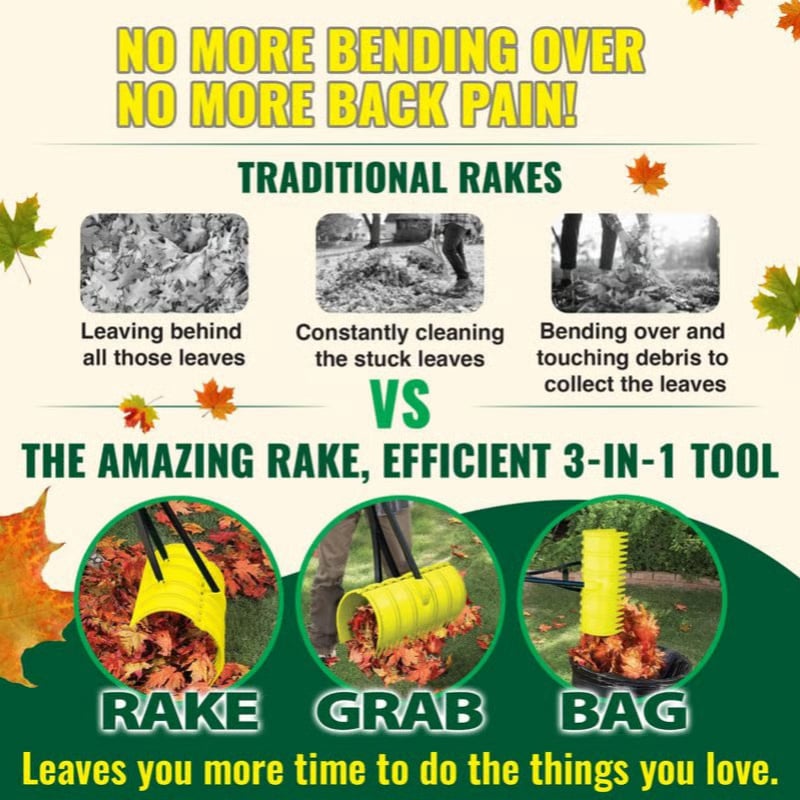 🍂3-in-1 Ergonomic Pickup Rake - Easy Leaf & Grass Grabber Without Bending Over