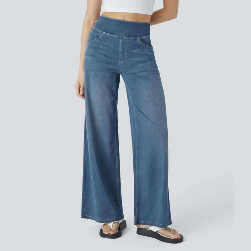 📢Letzter Tag: 49% Rabatt🏆Damen High-Waist Baggy Weite Bein Stretch Strick-Jeans – Bequeme Casual Denim