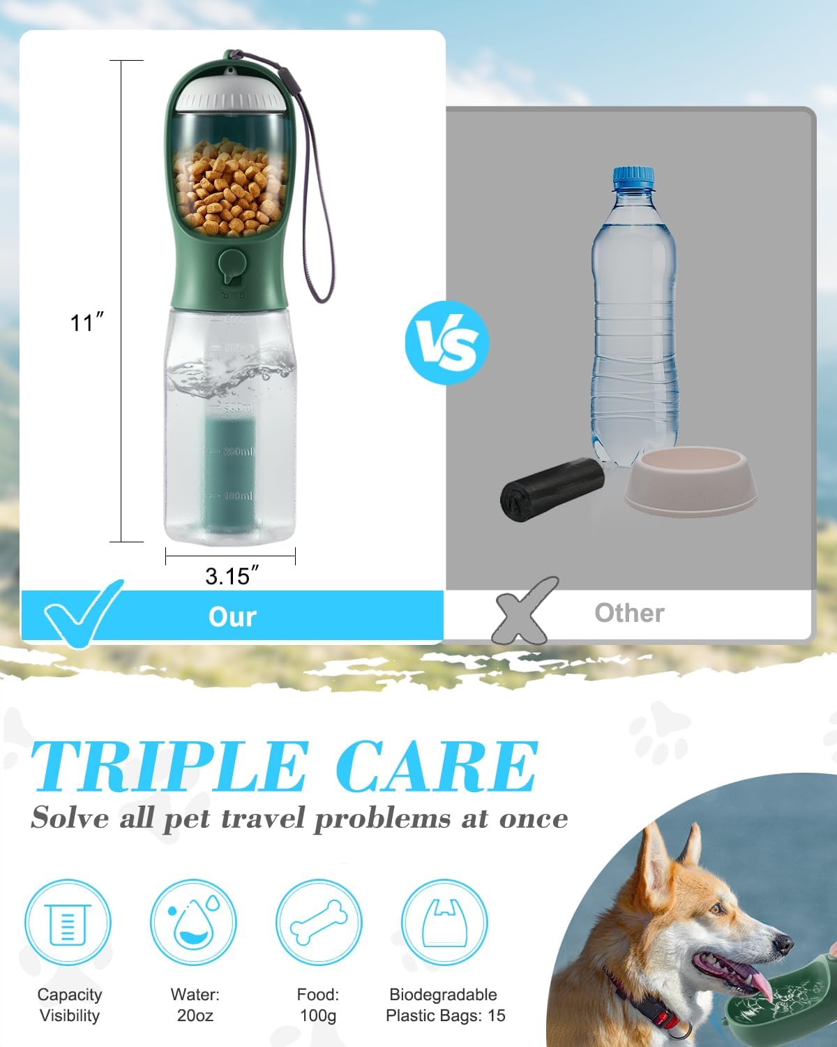 Dog Water Bottle 2 in 1, Leak Proof Portable Pet Water Bottle with Food Container, Outdoor Portable Water Dispenser for Cat, Puppy for Walking, Hiking, Camping, Travel(10oz Blue)