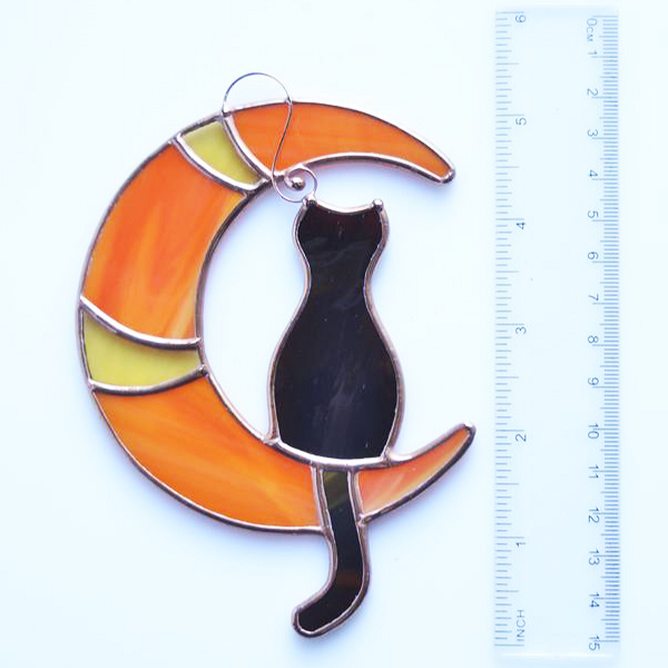 50% OFF- Stained glass cat on the moon, window hanging suncatcher