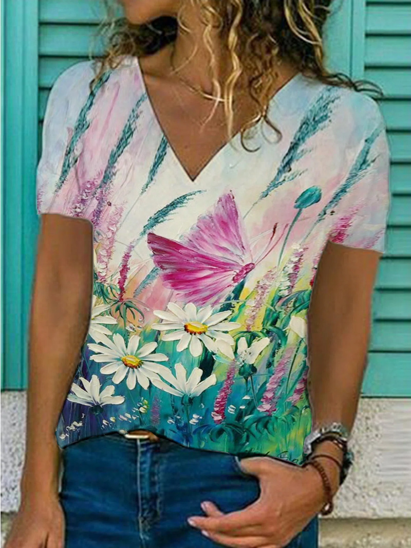 Butterfly flower print casual loose short sleeve