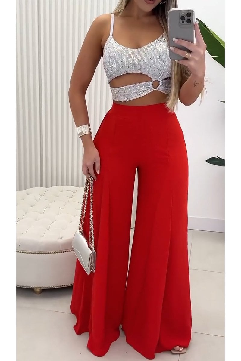 Women's Sexy Sequined Hollow Irregular Tank Top & Casual Wide Leg Pants