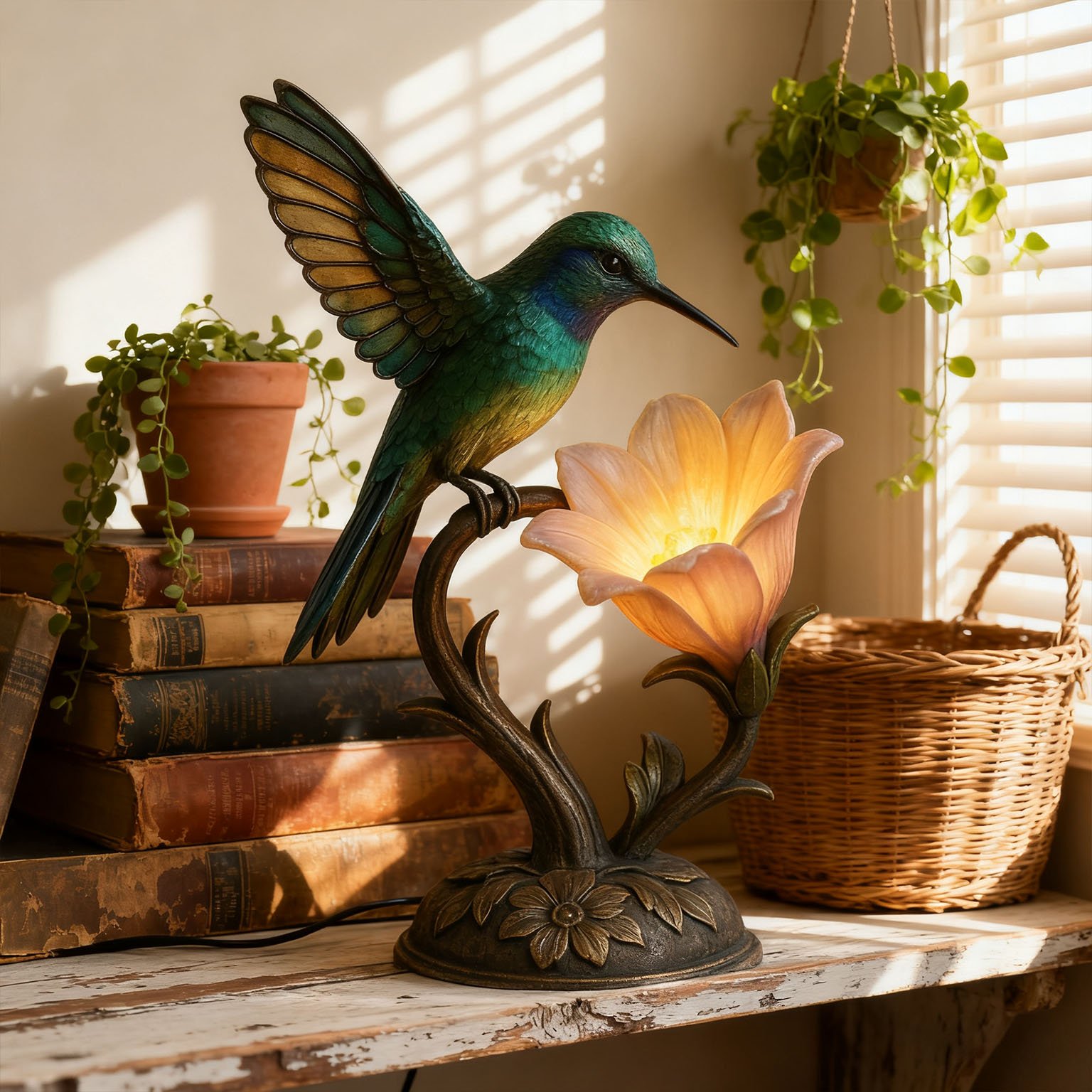 “Messenger of Light” – 💚Handcrafted Hummingbird Flower Lamp✨