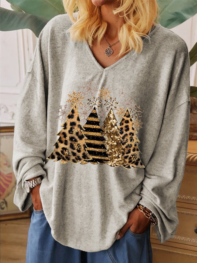 Women's Leopard Christmas Tree Print V-Neck Long Sleeve T-Shirt