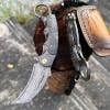 Handmade Damascus steel Folding Pocket EDC Knife-with cowhide sheath And pocket clip