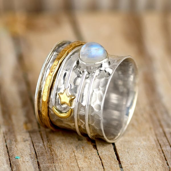 🔥 Last Day Promotion 75% OFF🎁Sterling Silver Star and Moon Moonstone Spinner Ring