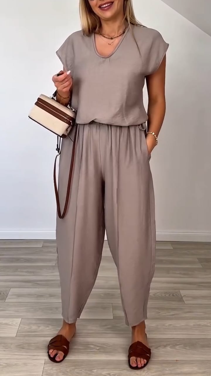 Ladies' U-neck Solid Color Casual Set