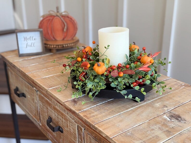 🍁Fall Harvest Sale: 60% OFF! Fall Candle Ring Wreath: Green Leaf Vine, Pumpkins & Berries - 14 Inch