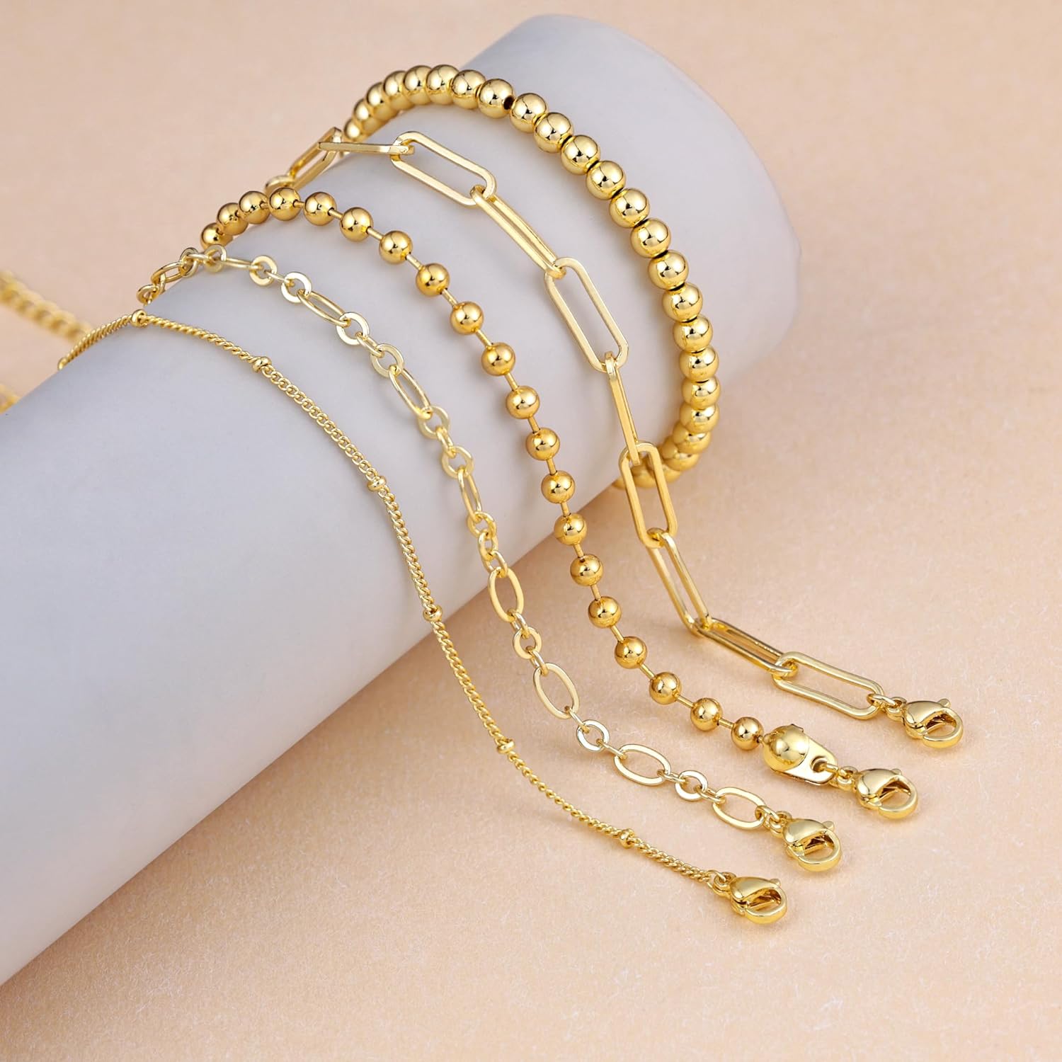 Moodear Gold Bracelet for Women 14K Real Gold Bracelet Sets for Women Dainty Snake Chain Bracelet Adjustable Cuban Link Bracelet for Women Cuff Bangle Gold Stackable Bracelets for Womens Jewelry Sets