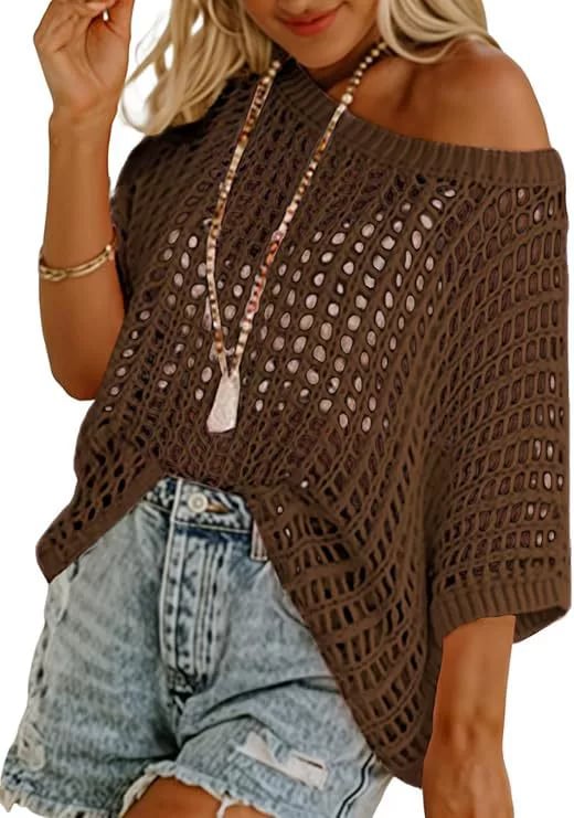 🎁TikTok Last Day Sale - 70% OFF🎉 Womens Summer Scoop Neck ShortSleeve Sweater Casual Crochet Hollow Out KnitTops