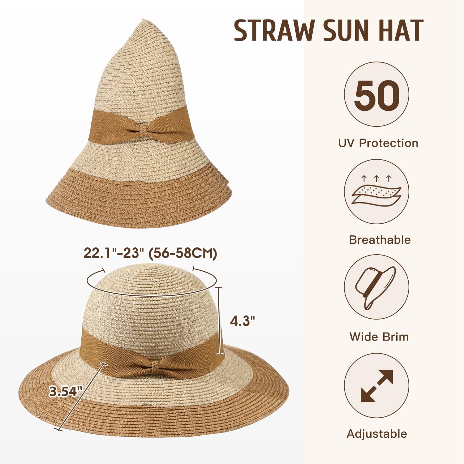 Beach Hat for Women, Wide Brim Sun Straw Hat for Women, Sun Hat Womens UPF 50+ UV Protection, Floppy Foldable Summer Hat