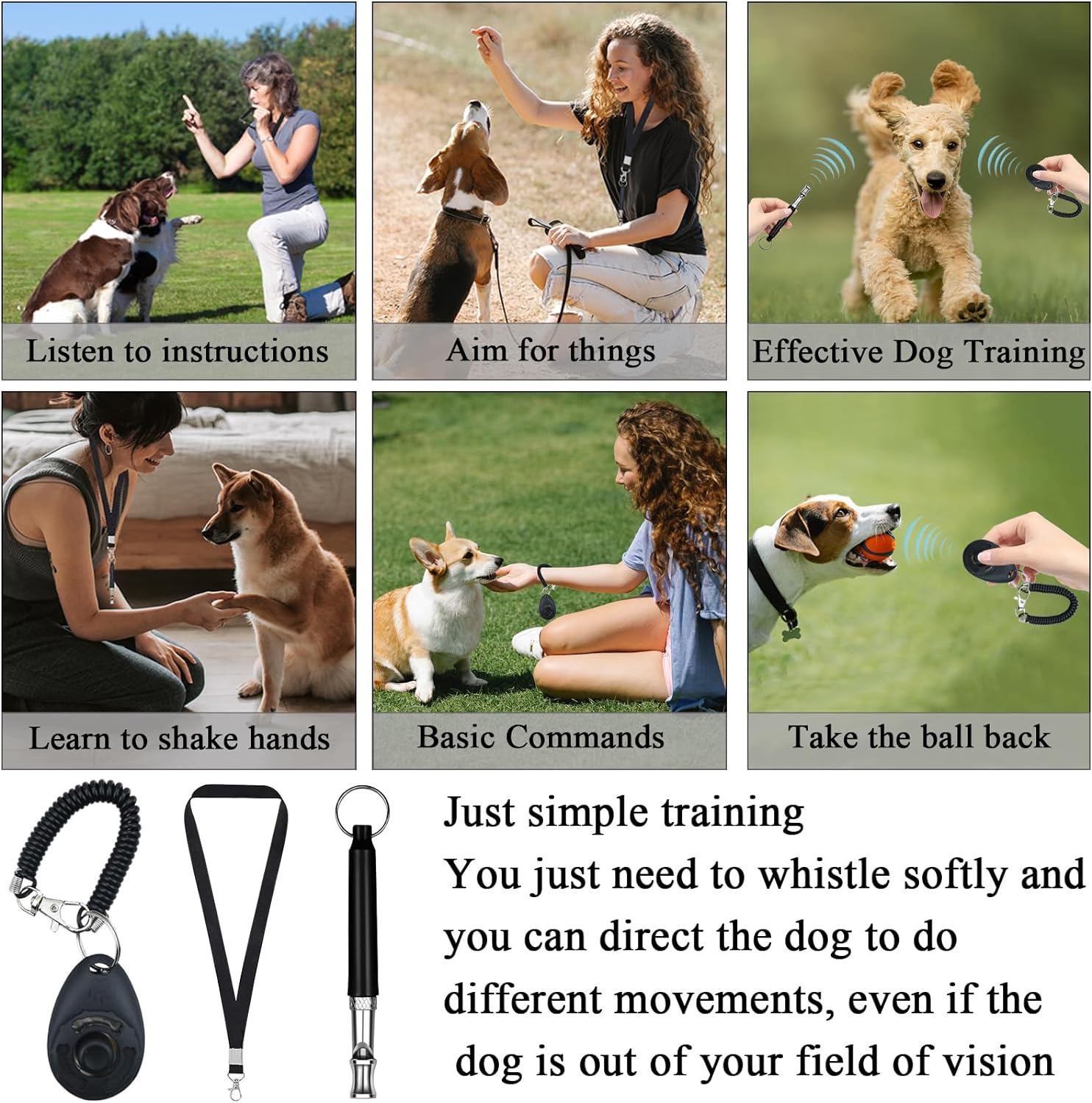 2 Pack Dog Whistle, 2 Pack Dog Clicker, 2Pack Lanyard, Dog Training Kit, Professional Recall Dog Training Whistles, Adjustable Ultrasonic Silent Dog Whistle (Black)