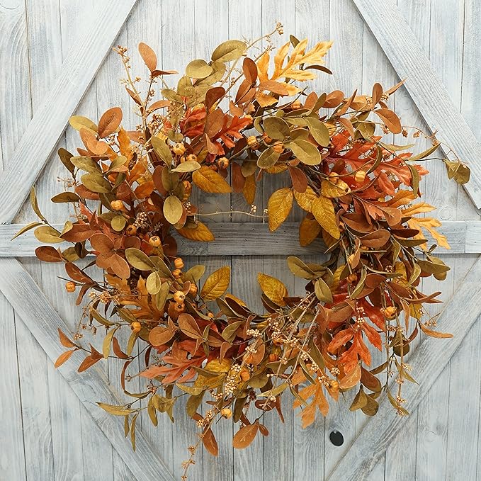 🍁🎁 Front Door Autumn Wreath Handmade Artificial Wreath with Bright Oak Leaves, Small Pumpkins, Berry Branches, 🎄 Mixed Leaves for Farmhouse Indoor and Outdoor Window Wall Door Decoration