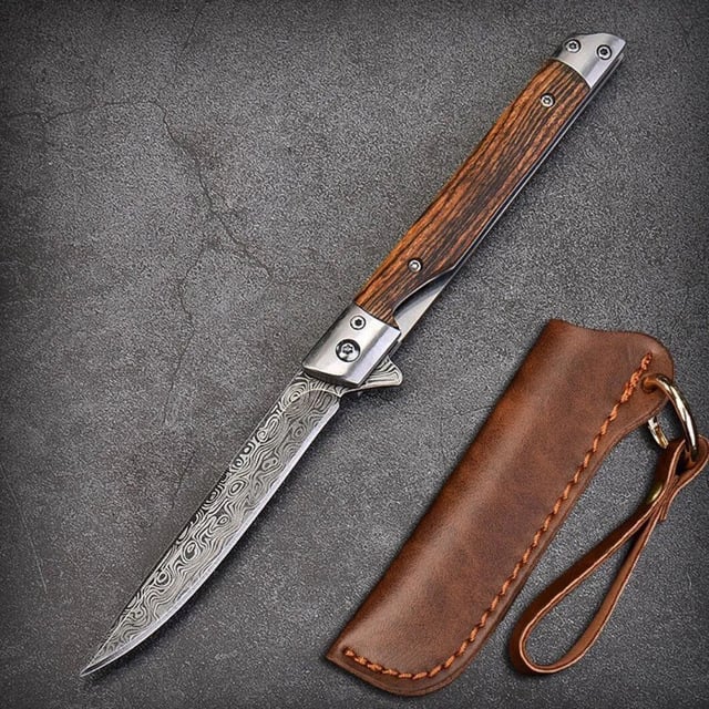 🌲 Outdoor Folding Knife with Wooden Handle & Leather Sheath