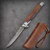 🌲 Outdoor Folding Knife with Wooden Handle & Leather Sheath